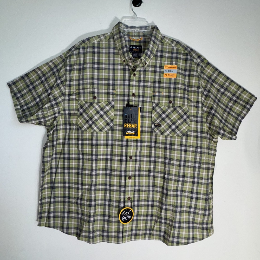 ARIAT Rebar Short Sleeve Button Work Shirt Green Plaid 3XL Durastretch NWT